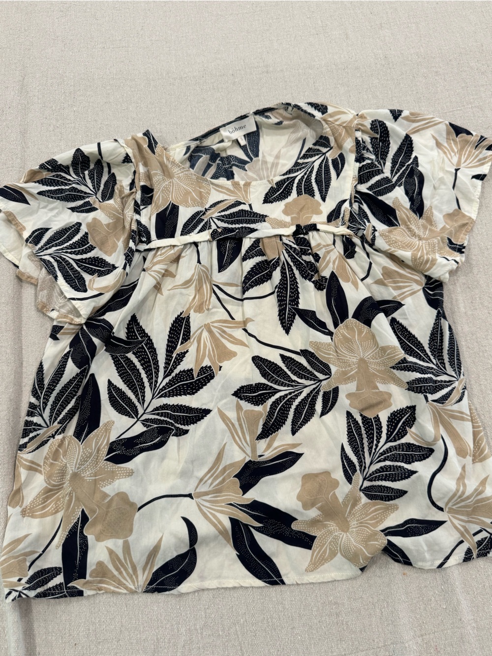 bohme Cream Floral Puff-Sleeve Top with Black and Tan Leaves